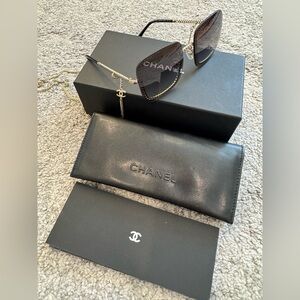 Chanel Chain Link Square Sunglasses Black Gradient with Gold CC Logo & Chain